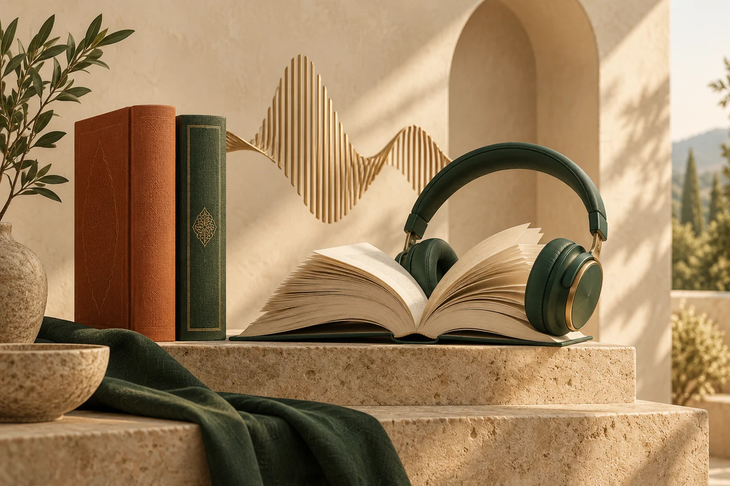 کتاب‌های پارچه‌ای و هدفون سبز در فضای گرم یک کتابخانه